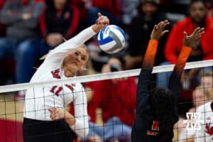 Nebraska Cornhuskers middle blocker Leyla Blackwell (11) spikes the ball against the Florida A&M Rattlers in the second set during the first round of the NCAA volleyball tournament Friday, December 6, 2024, in Lincoln, Nebraska. Photo by John S. Peterson.