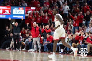 Nebraska Cornhuskers forward Juwan Gary (4) runs down the court as the fans celebrate against the Indiana Hoosiers in the second half during a college basketball game Friday, December 13, 2024 in Lincoln, Nebraska. Photo by Jaelle Johnson.