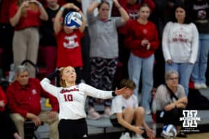 Nebraska Cornhuskers defensive specialist Olivia Mauch (10) serves the ball against the Florida A&M Rattlers in the second set during the first round of the NCAA volleyball tournament Friday, December 6, 2024, in Lincoln, Nebraska. Photo by John S. Peterson.