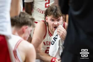 Nebraska Cornhuskers forward Andrew Morgan (23) sitting the huddle at a time out against the Indiana Hoosiers in the second half during a college basketball game Friday, December 13, 2024 in Lincoln, Nebraska. Photo by Jaelle Johnson.