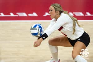 Nebraska Cornhuskers middle blocker Rebekah Allick (5) digs the ball against the Florida A&M Rattlers in the third set during the first round of the NCAA volleyball tournament Friday, December 6, 2024, in Lincoln, Nebraska. Photo by John S. Peterson.