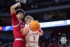 Nebraska Cornhuskers guard Sam Hoiberg (1) goes for a lay up against the Indiana Hoosiers in the second half during a college basketball game Friday, December 13, 2024 in Lincoln, Nebraska. Photo by Jaelle Johnson.