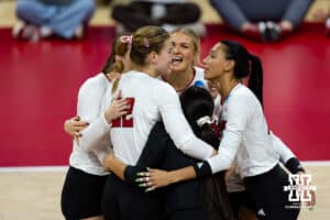 Nebraska Cornhuskers celebrates a point by Lindsay Krause against the Florida A&M Rattlers in the third set during the first round of the NCAA volleyball tournament Friday, December 6, 2024, in Lincoln, Nebraska. Photo by John S. Peterson.