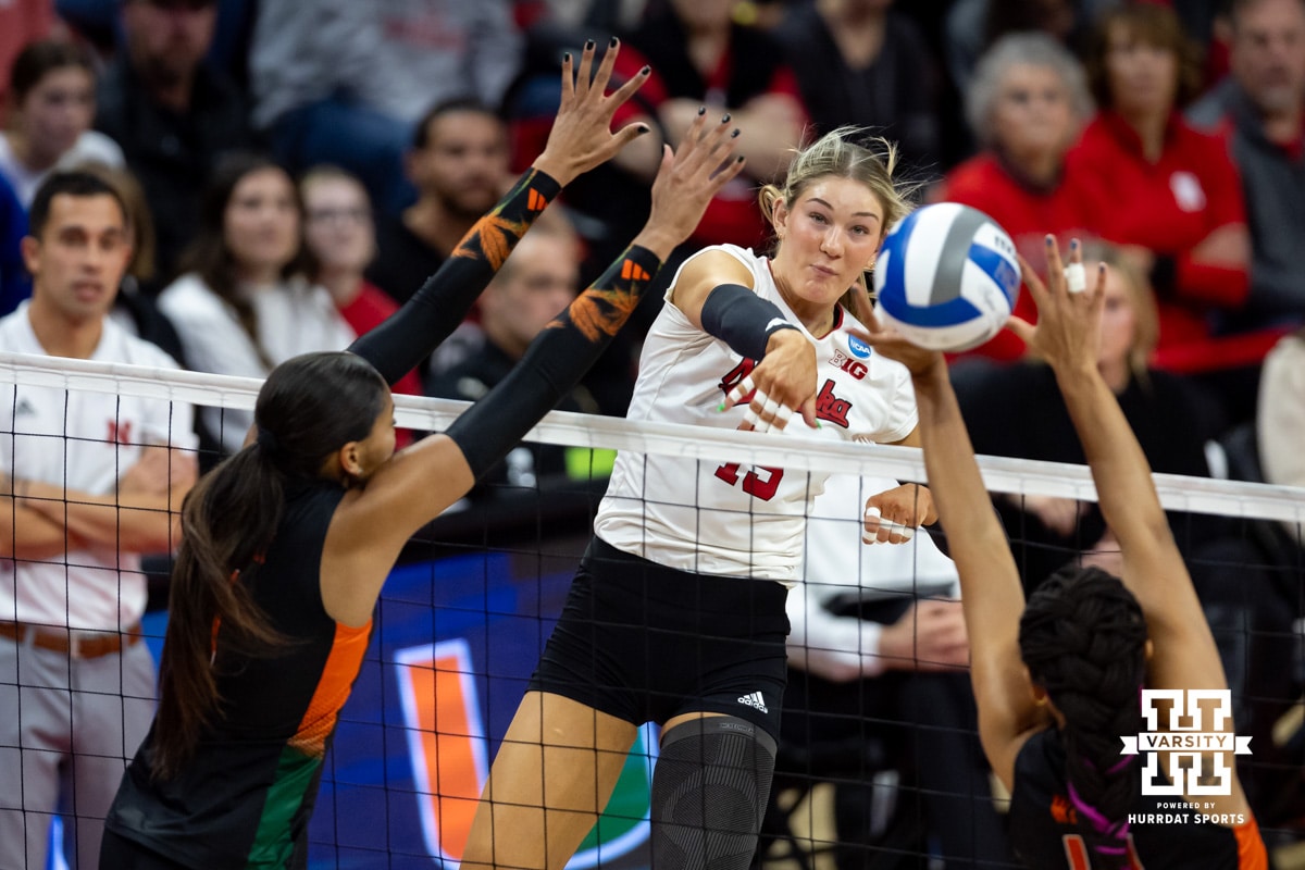 Nebraska Cornhuskers middle blocker Andi Jackson (15) spikes the ball against the Miami Hurricanes during the second round of the NCAA volleyball tournament Saturday, December 7, 2024, in Lincoln, Nebraska. Photo by John S. Peterson.