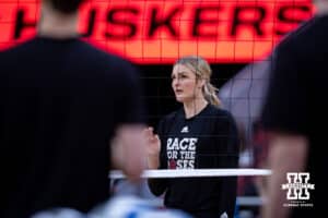 Nebraska Cornhuskers middle blocker Leyla Blackwell working on drills during practice at the NCAA championships Wednesday, December 18, 2024, in Louisville, Kentucky. Photo by John S. Peterson.