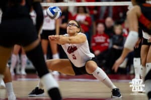 Nebraska Cornhuskers middle blocker Rebekah Allick (5) digs the ball against the Miami Hurricanes in the second set during the second round of the NCAA volleyball tournament Saturday, December 7, 2024, in Lincoln, Nebraska. Photo by John S. Peterson.