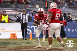 Nebraska Cornhuskers running back Kwinten Ives (28) scores a touchdown against the Boston College Eagles during the Pinstripe Bowl game, Saturday, December 28, 2024, in New York, New York. Photo by John S. Peterson.