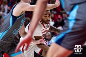 Nebraska Cornhuskers guard Brice Williams (3) drives to the lane against North Florida Ospreys guard Oscar Berry (33) in the second half during a college basketball game Sunday, December 1, 2024, in Lincoln, Nebraska. Photo by John S. Peterson.