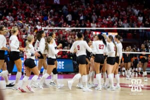 Nebraska Cornhuskers celebrates match point against the Florida A&M Rattlers in the third set during the first round of the NCAA volleyball tournament Friday, December 6, 2024, in Lincoln, Nebraska. Photo by John S. Peterson.