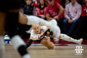 Nebraska Cornhuskers defensive specialist Olivia Mauch (10) dive to try and dig the ball up against the Miami Hurricanes during the second round of the NCAA volleyball tournament Saturday, December 7, 2024, in Lincoln, Nebraska. Photo by John S. Peterson.