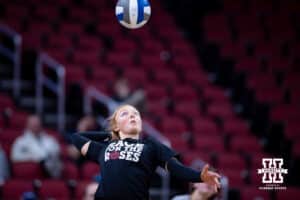 Nebraska Cornhuskers Olivia Mauch serves the ball during practice at the NCAA championships Wednesday, December 18, 2024, in Louisville, Kentucky. Photo by John S. Peterson.