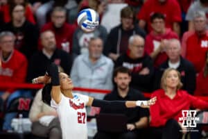 Nebraska Cornhuskers outside hitter Harper Murray (27) serves the ball against the Miami Hurricanes during the second round of the NCAA volleyball tournament Saturday, December 7, 2024, in Lincoln, Nebraska. Photo by John S. Peterson.