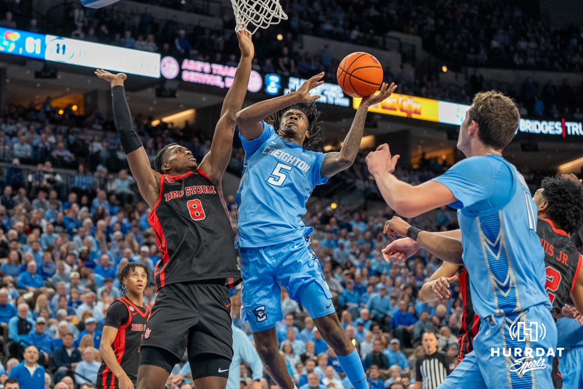 Creighton Bluejays Jamiya Neal attempts a layup against St John's Red Storm during a college basketball game Tuesday, December 31, 2024, in Omaha, Nebraska. Photo by Brandon Tiedemann.