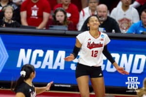 Nebraska Cornhuskers outside hitter Taylor Landfair (12) reacts to making a bad hit against the Miami Hurricanes in the third set during the second round of the NCAA volleyball tournament Saturday, December 7, 2024, in Lincoln, Nebraska. Photo by John S. Peterson.