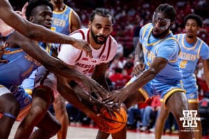 Nebraska Cornhuskers guard Brice Williams (3) has his hands full guarding the ball against the Southern University Jaguars during college basketball game, Monday, December 30, 2024, in Lincoln, Nebraska. Photo by John S. Peterson.