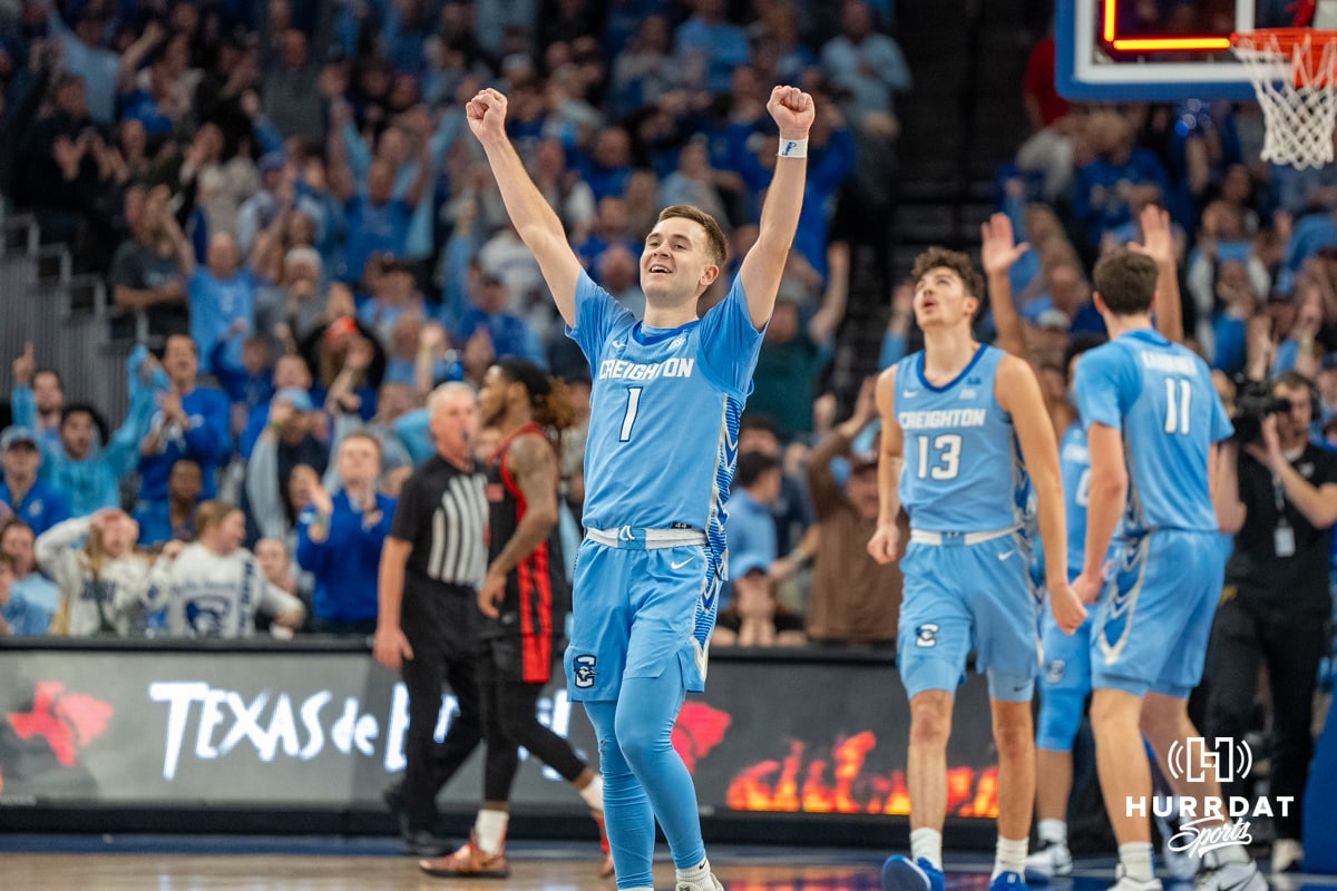 Creighton Bluejays Steven Ashworth celebrates a win against St John's Red Storm after a college basketball game Tuesday, December 31, 2024, in Omaha, Nebraska. Photo by Brandon Tiedemann.