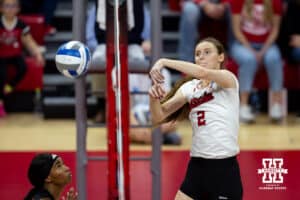 Nebraska Cornhuskers setter Bergen Reilly (2) hits the ball over against the Miami Hurricanes during the second round of the NCAA volleyball tournament Saturday, December 7, 2024, in Lincoln, Nebraska. Photo by John S. Peterson.