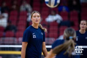 Penn State Nittany Lions middle blocker Maggie Mendelson working on drills during practice at the NCAA championships Wednesday, December 18, 2024, in Louisville, Kentucky. Photo by John S. Peterson.