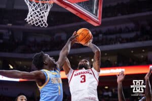 Nebraska Cornhuskers guard Brice Williams (3) makes a basket against Southern University Jaguars forward DaMariee Jones (1) in the second half during college basketball game, Monday, December 30, 2024, in Lincoln, Nebraska. Photo by John S. Peterson.