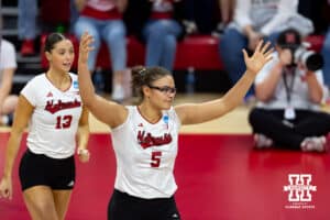 Nebraska Cornhuskers middle blocker Rebekah Allick (5) celebrates a block against the Miami Hurricanes in the third set during the second round of the NCAA volleyball tournament Saturday, December 7, 2024, in Lincoln, Nebraska. Photo by John S. Peterson.