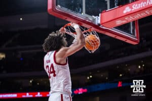 Nebraska Cornhuskers center Braxton Meah (34) makes a dunk against the North Florida Ospreys in the second half during a college basketball game Sunday, December 1, 2024, in Lincoln, Nebraska. Photo by John S. Peterson.