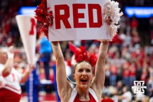 Nebraska Cornhuskers Spirit Squad leading "Go Big Red" against the Dayton Flyers during the first regional match in the NCAA championship Friday, December 13, 2024, in Lincoln, Nebraska. Photo by John S. Peterson.