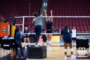 Penn State Nittany Lions right side hitter Caroline Jurevicius works on blocking during practice at the NCAA championships Wednesday, December 18, 2024, in Louisville, Kentucky. Photo by John S. Peterson.