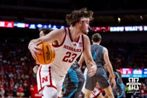 Nebraska Cornhuskers forward Andrew Morgan (23) drives the baseline against the North Florida Ospreys in the second half during a college basketball game Sunday, December 1, 2024, in Lincoln, Nebraska. Photo by John S. Peterson.