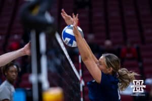 Penn State Nittany Lions middle blocker Maggie Mendelson blocks the ball during practice at the NCAA championships Wednesday, December 18, 2024, in Louisville, Kentucky. Photo by John S. Peterson.