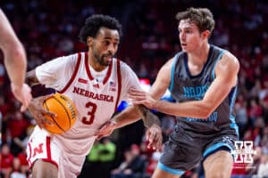 Nebraska Cornhuskers guard Brice Williams (3) drives to the basket against North Florida Ospreys guard Nate Lliteras (2) in the second half during a college basketball game Sunday, December 1, 2024, in Lincoln, Nebraska. Photo by John S. Peterson.