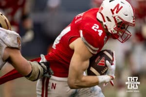 Nebraska Cornhuskers tight end Thomas Fidone II (24) runs with the ball after a catch against Boston College Eagles linebacker Joe Marinaro (45) during the Pinstripe Bowl game, Saturday, December 28, 2024, in New York, New York. Photo by John S. Peterson.