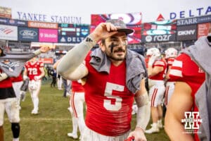 Nebraska Cornhuskers linebacker John Bullock (5) puts on a championship after the win over the Boston College Eagles during the Pinstripe Bowl game, Saturday, December 28, 2024, in New York, New York. Photo by John S. Peterson.