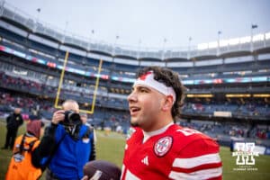 Nebraska Cornhuskers quarterback Dylan Raiola (15) celebrating the win over the Boston College Eagles during the Pinstripe Bowl game, Saturday, December 28, 2024, in New York, New York. Photo by John S. Peterson.