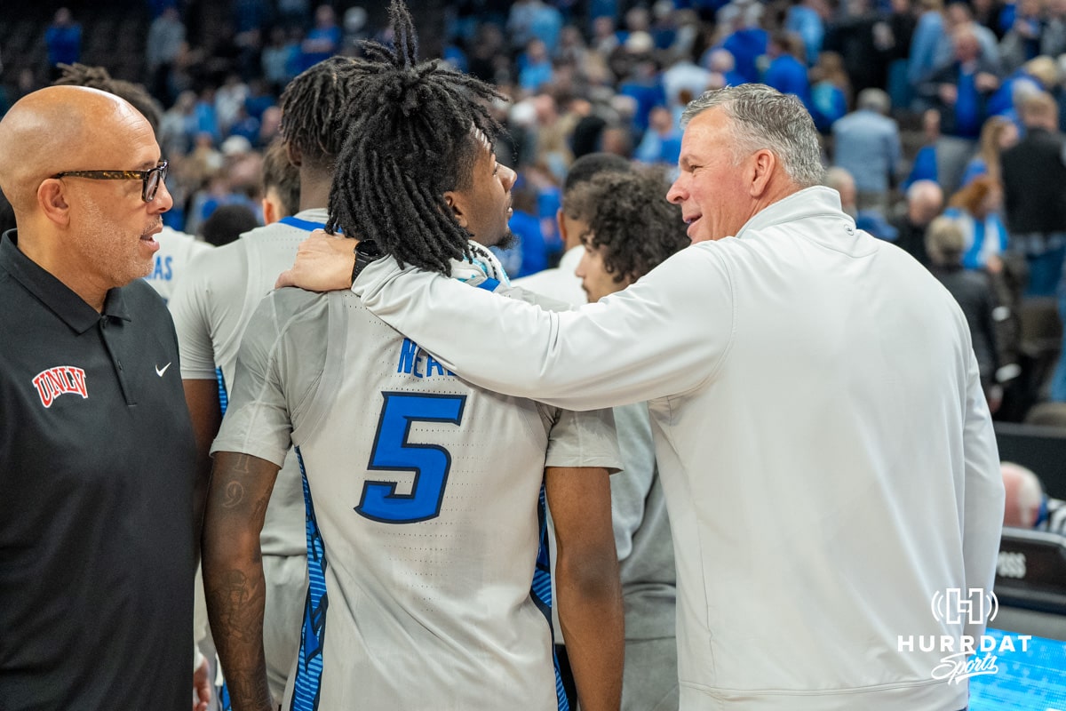 Creighton Bluejays Jamiya Neal talking with Greg McDermott after a college basketball game against the UNLV Rebels on December 7th, 2024 in Omaha Nebraska. Photo by Brandon Tiedemann.