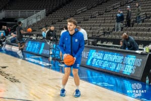 Creighton Bluejays Fedor Žugić (7) warms up before a college basketball game against the Villanova Wildcats on Saturday, December 21st, 2024 in Omaha Nebraska. Photo by Brandon Tiedemann.