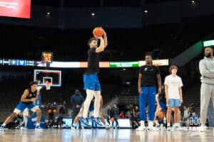 Creighton Bluejays Fedor Žugić (7) shoots a three poointer before a college basketball game against the Villanova Wildcats on Saturday, December 21st, 2024 in Omaha Nebraska. Photo by Brandon Tiedemann.