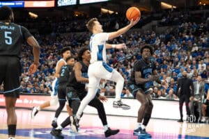 Creighton Bluejays Steven Ashworth (1) attempts a layup during a college basketball game against the Villanova Wildcats on Saturday, December 21st, 2024 in Omaha Nebraska. Photo by Brandon Tiedemann.