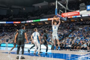 Creighton Bluejays Ryan Kalkbrenner (11) dunks during a college basketball game against the Villanova Wildcats on Saturday, December 21st, 2024 in Omaha Nebraska. Photo by Brandon Tiedemann.