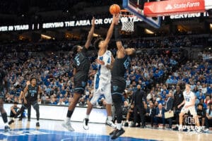 Creighton Bluejays Jasen Green (0) looks to rebound the ball during a college basketball game against the Villanova Wildcats on Saturday, December 21st, 2024 in Omaha Nebraska. Photo by Brandon Tiedemann.