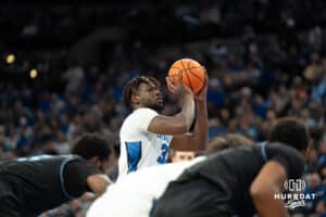 Creighton Bluejays Fredrick King (33) shoots a freethrow during a college basketball game against the Villanova Wildcats on Saturday, December 21st, 2024 in Omaha Nebraska. Photo by Brandon Tiedemann.