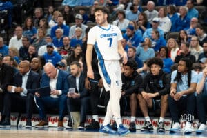 Creighton Bluejays Fedor Žugić (7) checks into the game during a college basketball game against the Villanova Wildcats on Saturday, December 21st, 2024 in Omaha Nebraska. Photo by Brandon Tiedemann.