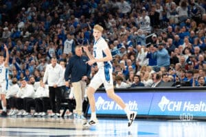 Creighton Bluejays Jackson McAndrew (23) celebrates after a three pointer during a college basketball game against the Villanova Wildcats on Saturday, December 21st, 2024 in Omaha Nebraska. Photo by Brandon Tiedemann.