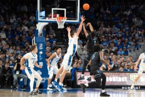 Creighton Bluejays Ryan Kalkbrenner (11) contests a shot Villanova Wildcats Jhamir Brickus (2) during a college basketball game on Saturday, December 21st, 2024 in Omaha Nebraska. Photo by Brandon Tiedemann.