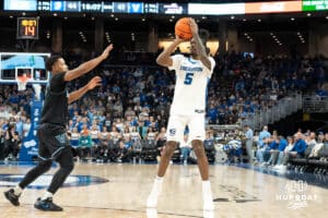 Creighton Bluejays Jamiya Neal (5) prepares to shoot a three during a college basketball game against the Villanova Wildcats on Saturday, December 21st, 2024 in Omaha Nebraska. Photo by Brandon Tiedemann.