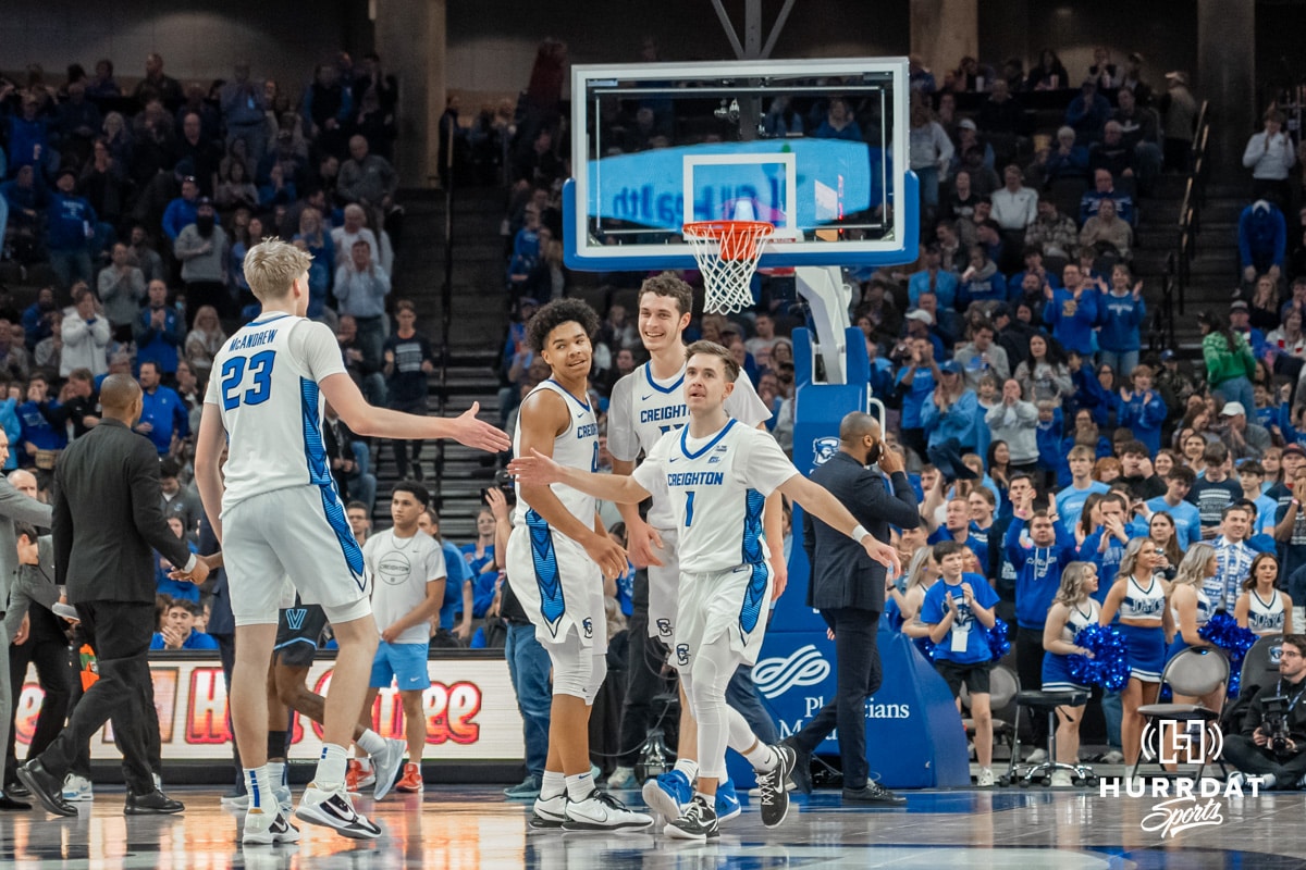 Creighton Bluejays celebrate after a timeout during a college basketball game against the Villanova Wildcats on Saturday, December 21st, 2024 in Omaha Nebraska. Photo by Brandon Tiedemann.