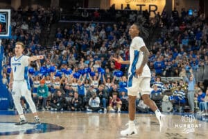 Creighton Bluejays Jamiya Neal (5) celebrates after a made basket during a college basketball game against the Villanova Wildcats on Saturday, December 21st, 2024 in Omaha Nebraska. Photo by Brandon Tiedemann.