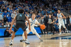 Creighton Bluejays Steven Ashworth (1) looks to drive to the hoop against Villanova Wildcat Tyler Perkins (4) during a college basketball game against the Villanova Wildcats on Saturday,December 21st, 2024 in Omaha Nebraska. Photo by Brandon Tiedemann.