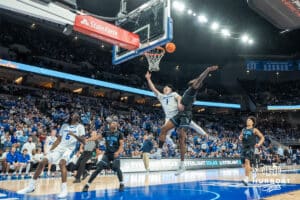 Creighton Bluejays Steven Ashworth (1) gets fouled during a college basketball game against the Villanova Wildcats on Saturday, December 21st, 2024 in Omaha Nebraska. Photo by Brandon Tiedemann.