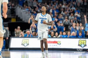 Creighton Bluejays Jamiya Neal (5) celebrates after a made three-point shot during a college basketball game against the Villanova Wildcats on Saturday, December 21st, 2024 in Omaha Nebraska. Photo by Brandon Tiedemann.