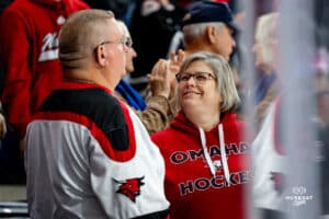 Maverick fans feeling happy during a hockey match at Baxter Arena on Saturday, December 14, 2024, in Omaha, Nebraska. Photo by Collin Stilen.